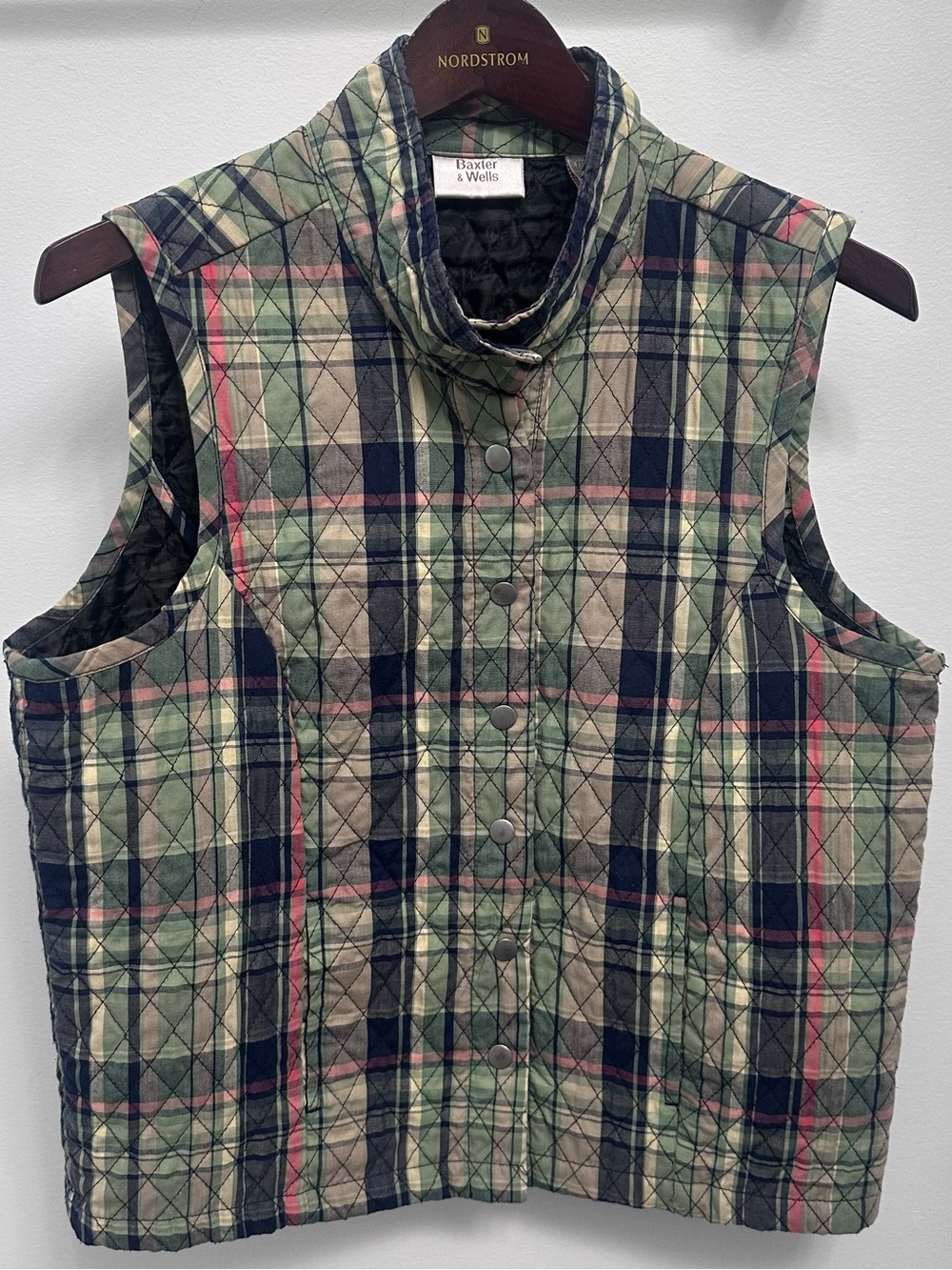 Baxter & Wells Quilted Plaid Puffer Vest Green Navy Pink Tartan Women Small